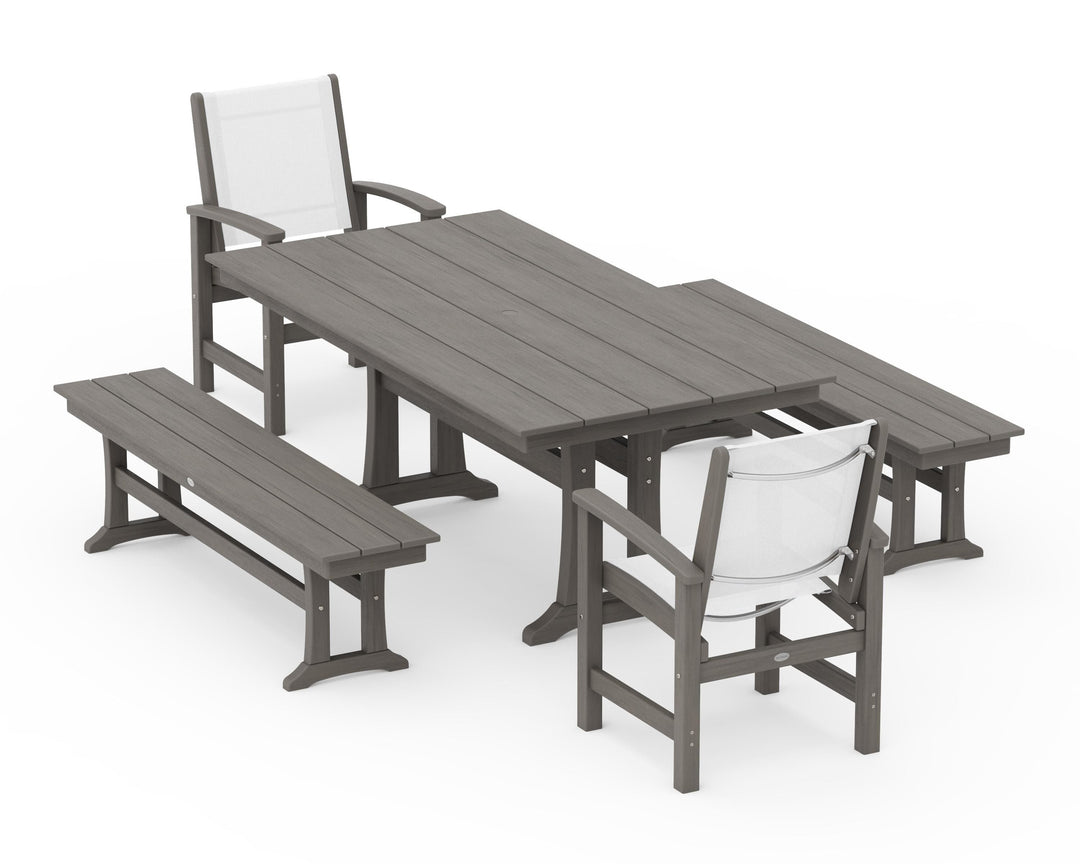 POLYWOOD® Coastal 5-Piece Farmhouse Dining Set with Trestle Legs and Benches
