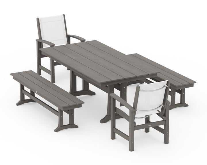 POLYWOOD® Coastal 5-Piece Farmhouse Dining Set with Trestle Legs and Benches