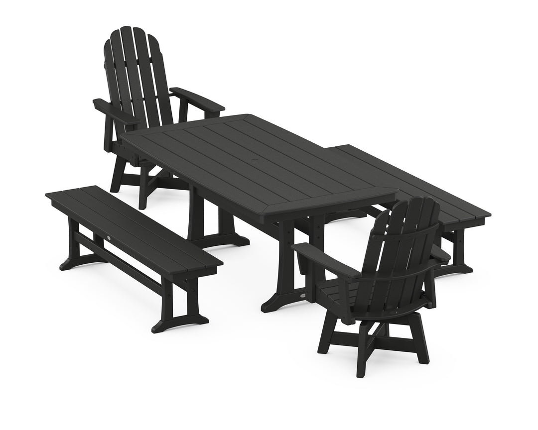 POLYWOOD® Vineyard Adirondack Swivel Chair 5-Piece Dining Set with Trestle Legs and Benches