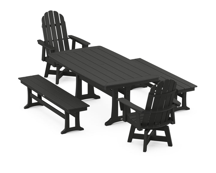 POLYWOOD® Vineyard Adirondack Swivel Chair 5-Piece Dining Set with Trestle Legs and Benches