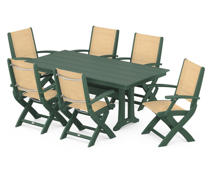 POLYWOOD® Coastal Folding Arm Chair 7-Piece Farmhouse Dining Set with Trestle Legs