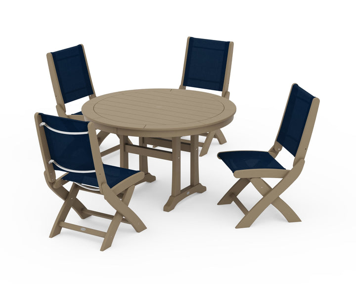 POLYWOOD® Coastal Folding Side Chair 5-Piece Round Dining Set With Trestle Legs