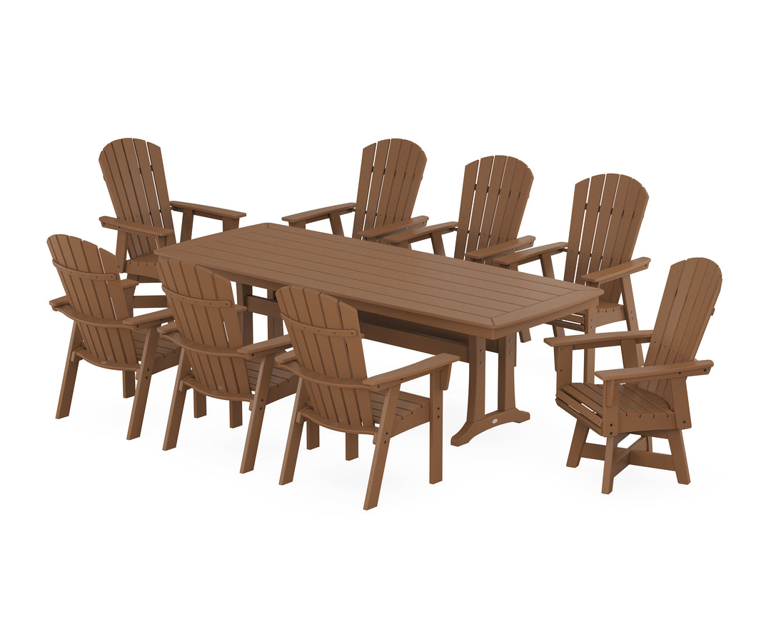 POLYWOOD® Nautical Curveback Adirondack Swivel 9-Piece Dining Set with Trestle Legs