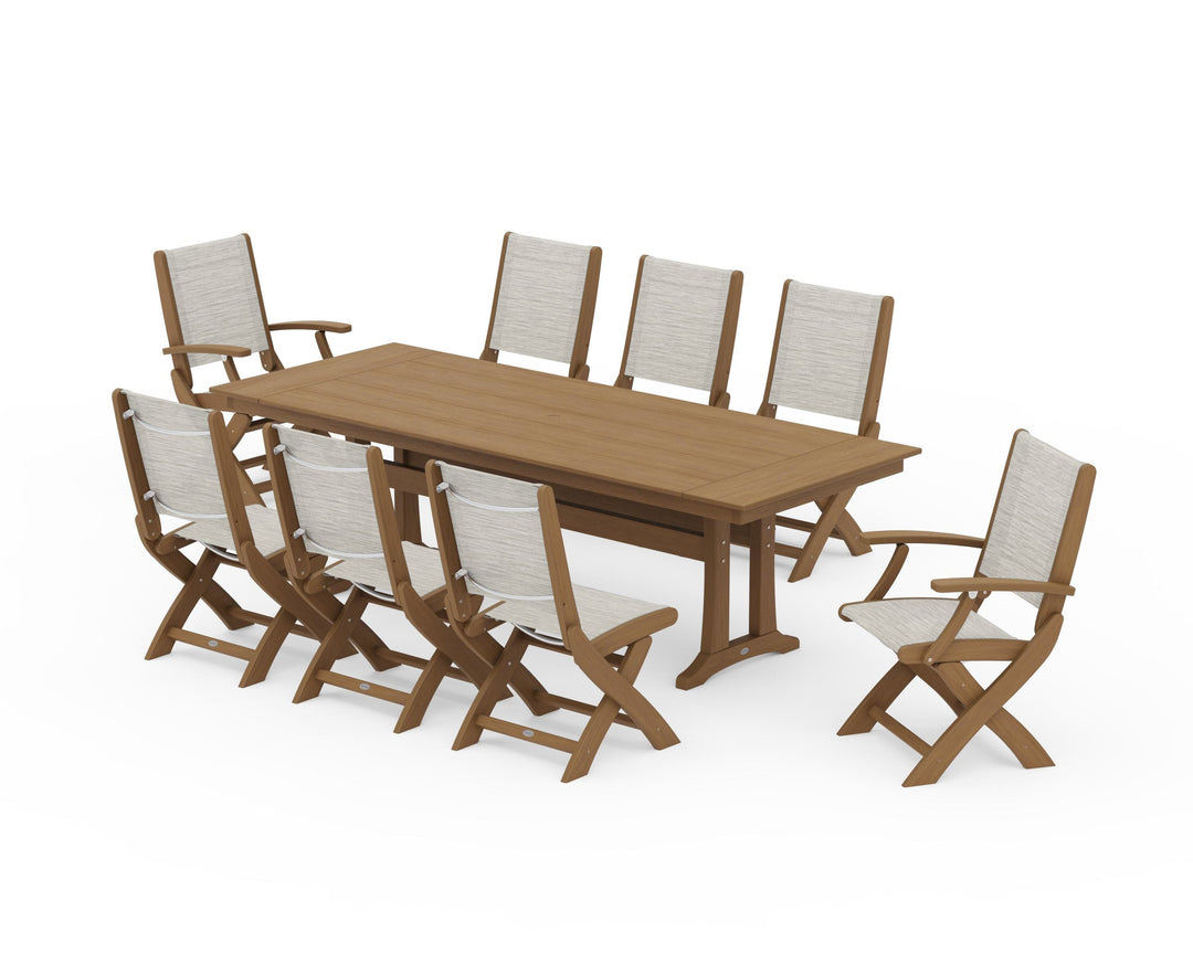 POLYWOOD® Coastal 9-Piece Folding Dining Chair Farmhouse Dining Set with Trestle Legs