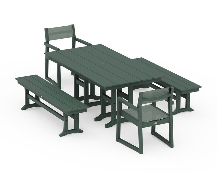 POLYWOOD® EDGE Sling Arm Chair 5-Piece Farmhouse Dining Set with Benches