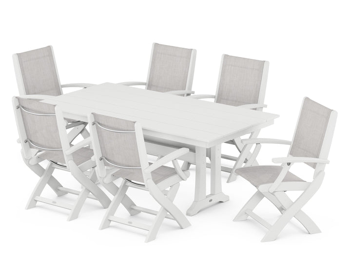 POLYWOOD® Coastal Folding Arm Chair 7-Piece Farmhouse Dining Set with Trestle Legs