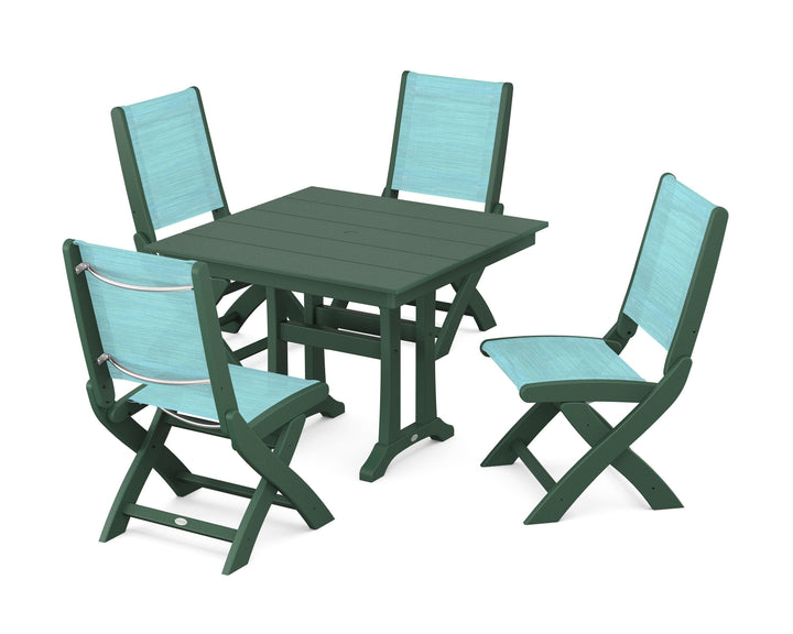 POLYWOOD® Coastal Folding Side Chair 5-Piece Farmhouse Dining Set With Trestle Legs