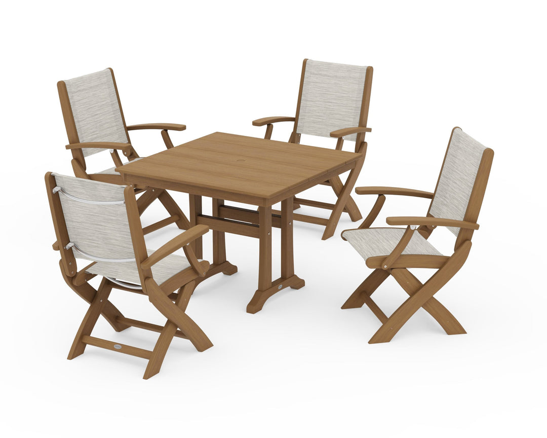 POLYWOOD® Coastal Folding Chair 5-Piece Farmhouse Dining Set With Trestle Legs