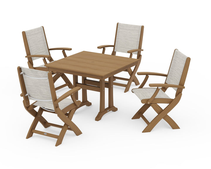 POLYWOOD® Coastal Folding Chair 5-Piece Farmhouse Dining Set With Trestle Legs