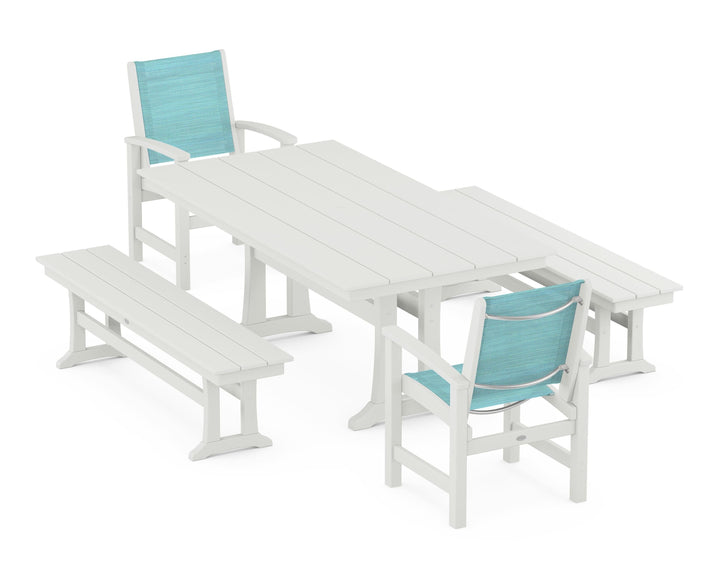 POLYWOOD® Coastal 5-Piece Farmhouse Dining Set with Trestle Legs and Benches