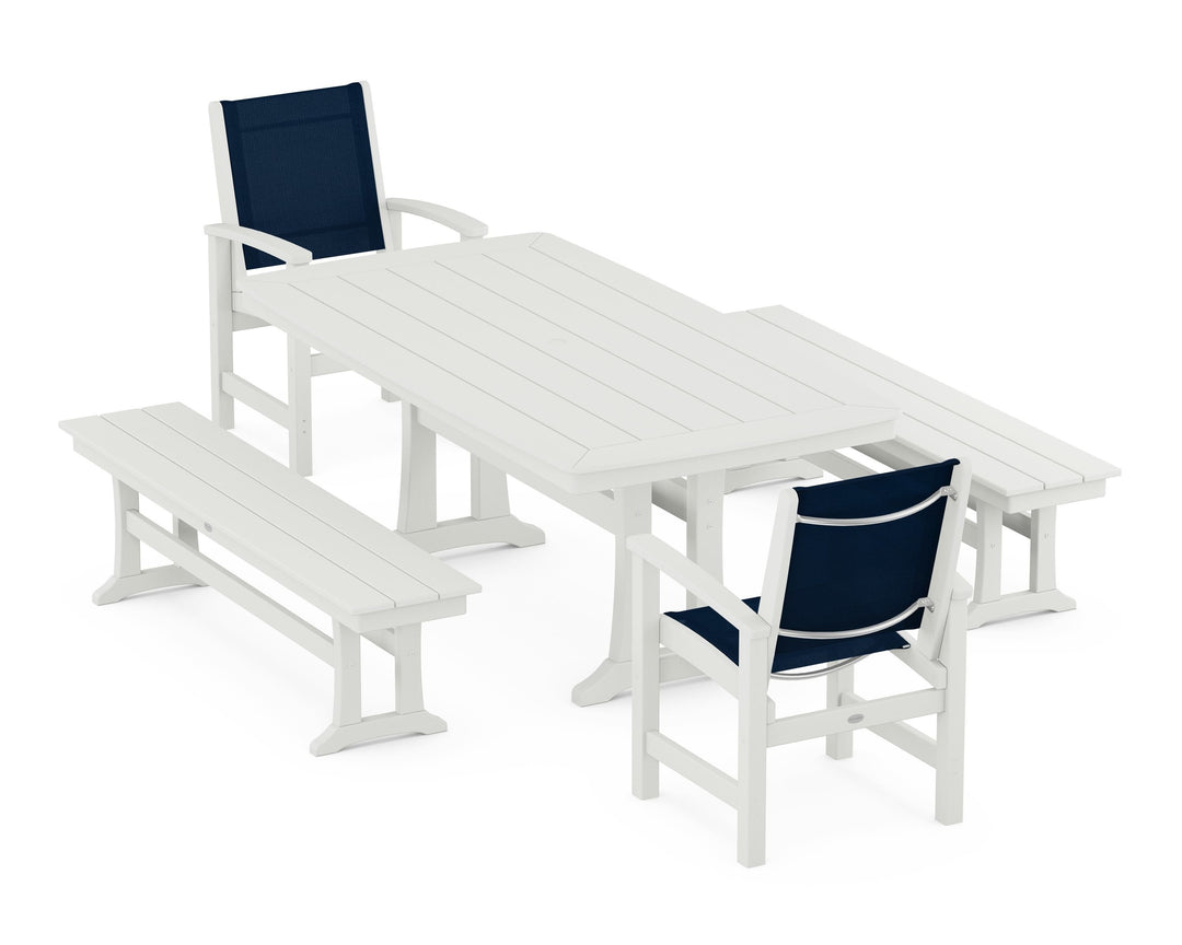 POLYWOOD® Coastal 5-Piece Dining Set with Trestle Legs and Benches