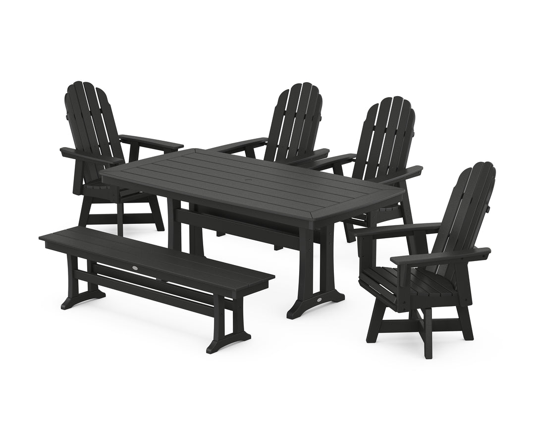 POLYWOOD® Vineyard Curveback Adirondack Swivel Chair 6-Piece Dining Set with Trestle Legs and Bench