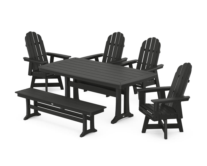 POLYWOOD® Vineyard Curveback Adirondack Swivel Chair 6-Piece Dining Set with Trestle Legs and Bench