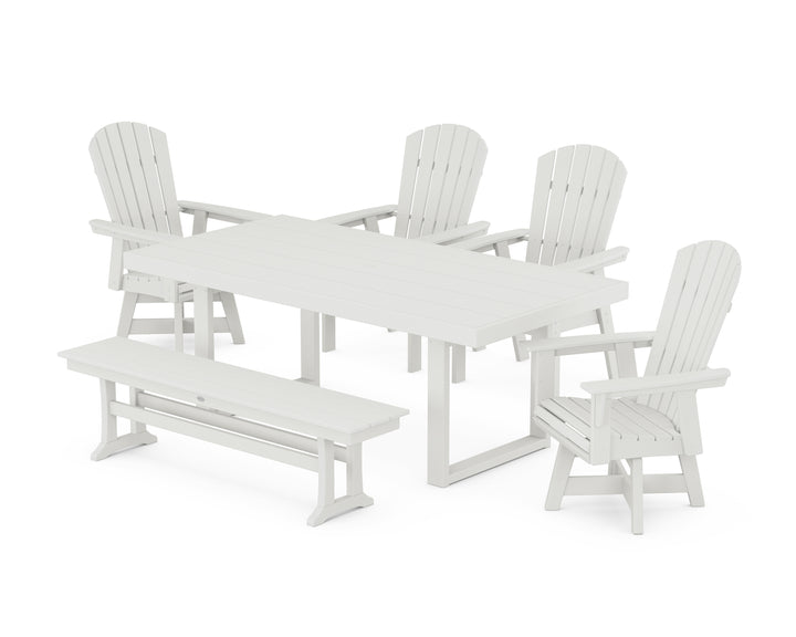 POLYWOOD® Nautical Curveback Adirondack Swivel Chair 6-Piece Dining Set with Bench