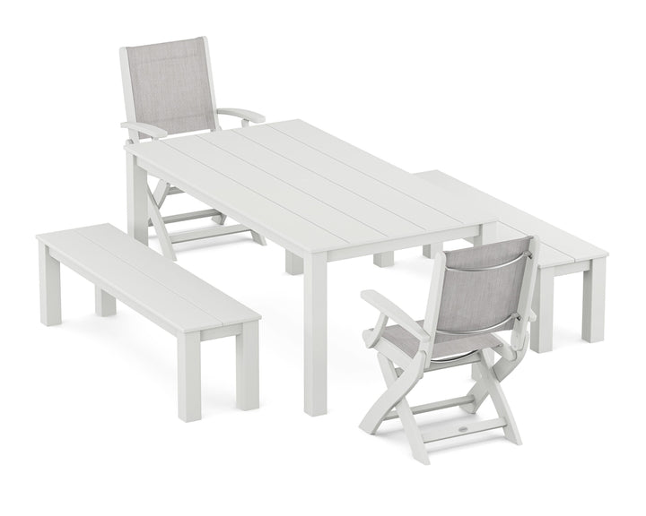 POLYWOOD® Coastal Folding Chair 5-Piece Parsons Dining Set with Benches