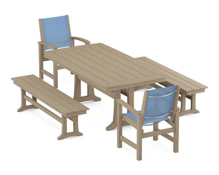POLYWOOD® Coastal 5-Piece Dining Set with Trestle Legs and Benches