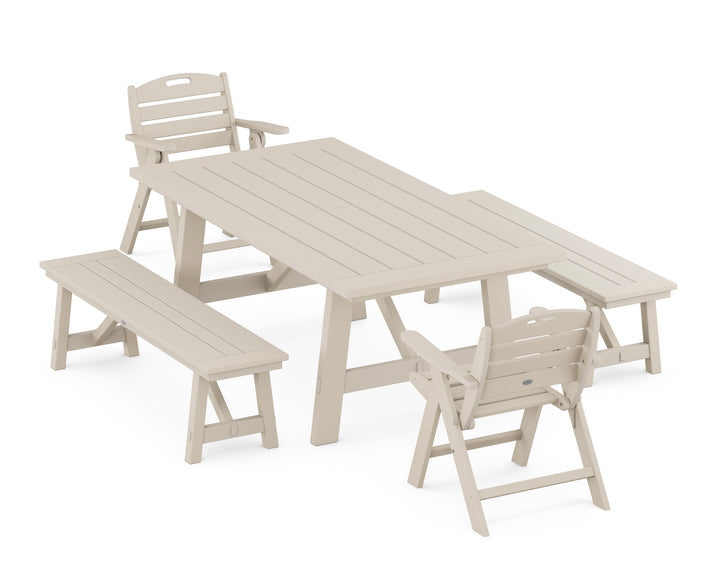 POLYWOOD® Nautical Folding Lowback Chair 5-Piece Rustic Farmhouse Dining Set With Benches