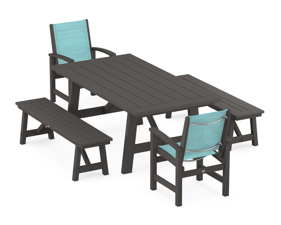 POLYWOOD® Coastal 5-Piece Rustic Farmhouse Dining Set With Benches