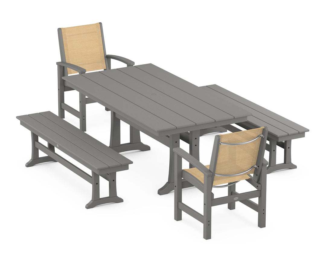POLYWOOD® Coastal 5-Piece Farmhouse Dining Set with Trestle Legs and Benches