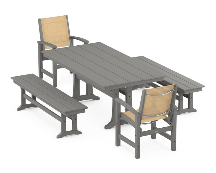 POLYWOOD® Coastal 5-Piece Farmhouse Dining Set with Trestle Legs and Benches