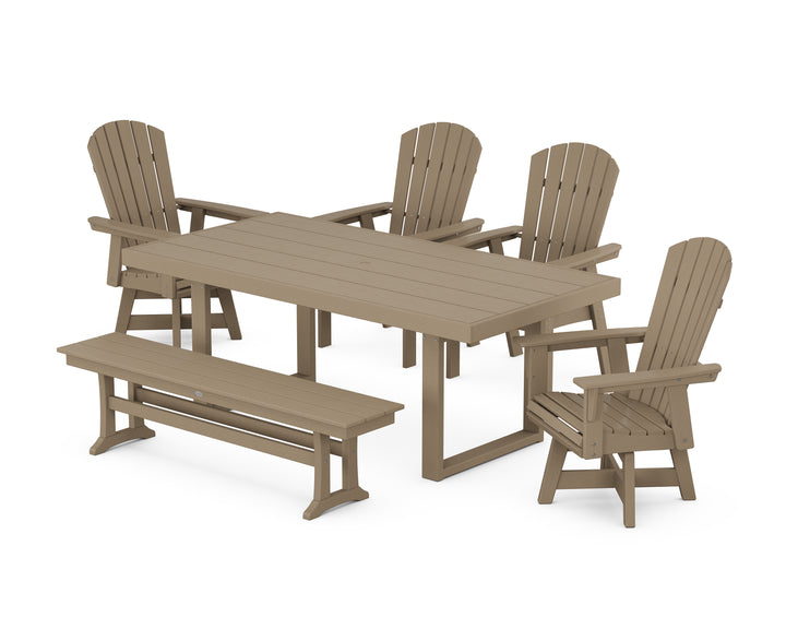 POLYWOOD® Nautical Curveback Adirondack Swivel Chair 6-Piece Dining Set with Bench