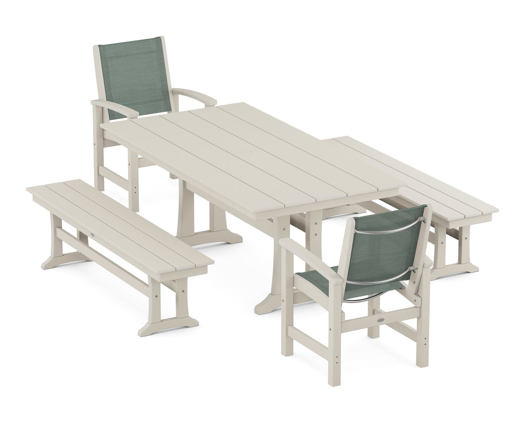 POLYWOOD® Coastal 5-Piece Farmhouse Dining Set with Trestle Legs and Benches
