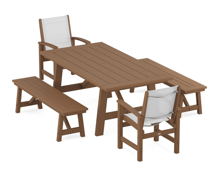 POLYWOOD® Coastal 5-Piece Rustic Farmhouse Dining Set With Benches