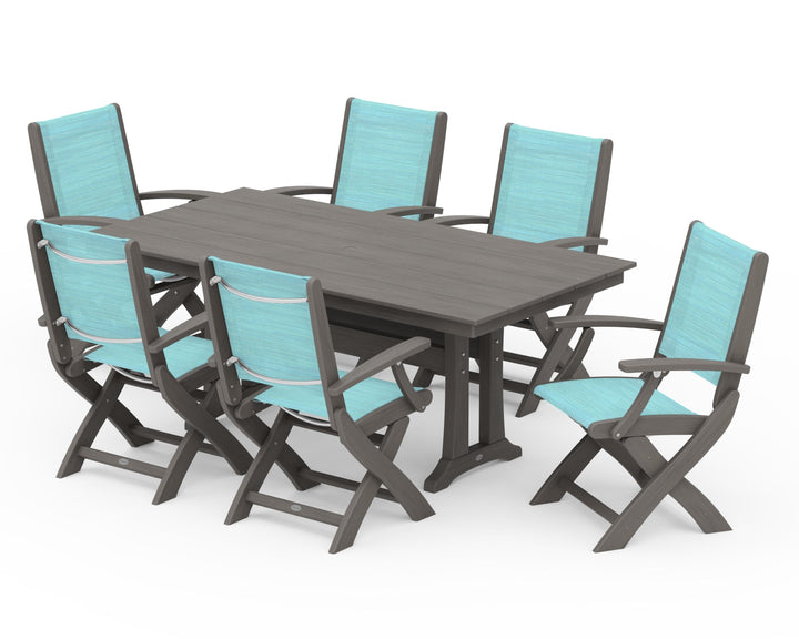 POLYWOOD® Coastal Folding Arm Chair 7-Piece Farmhouse Dining Set with Trestle Legs