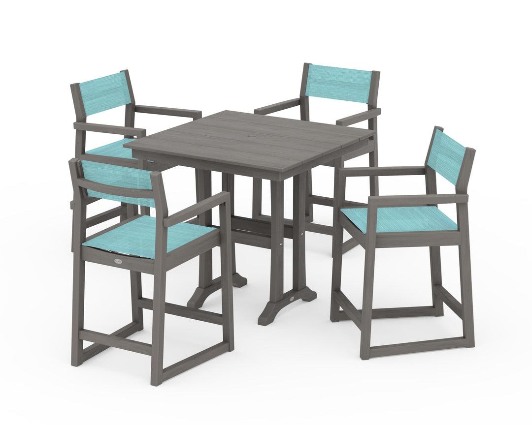 POLYWOOD® EDGE Sling Arm Chair 5-Piece Farmhouse Counter Set with Trestle Legs