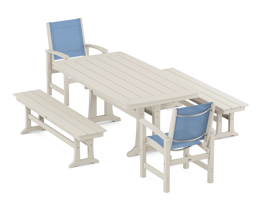 POLYWOOD® Coastal 5-Piece Dining Set with Trestle Legs and Benches