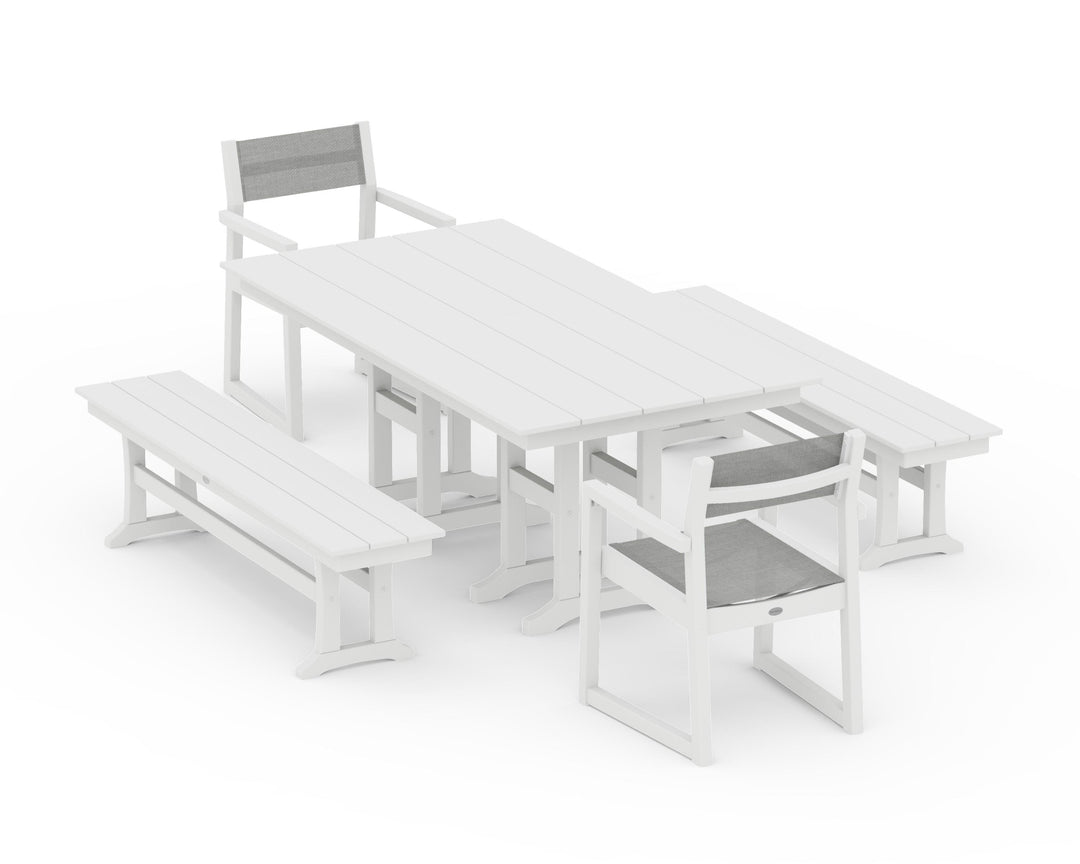 POLYWOOD® EDGE Sling Arm Chair 5-Piece Farmhouse Dining Set with Benches