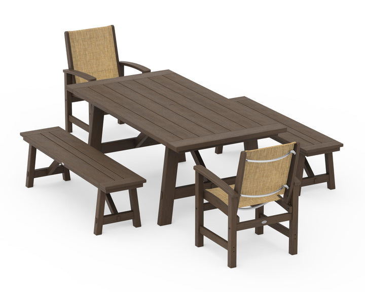 POLYWOOD® Coastal 5-Piece Rustic Farmhouse Dining Set With Benches