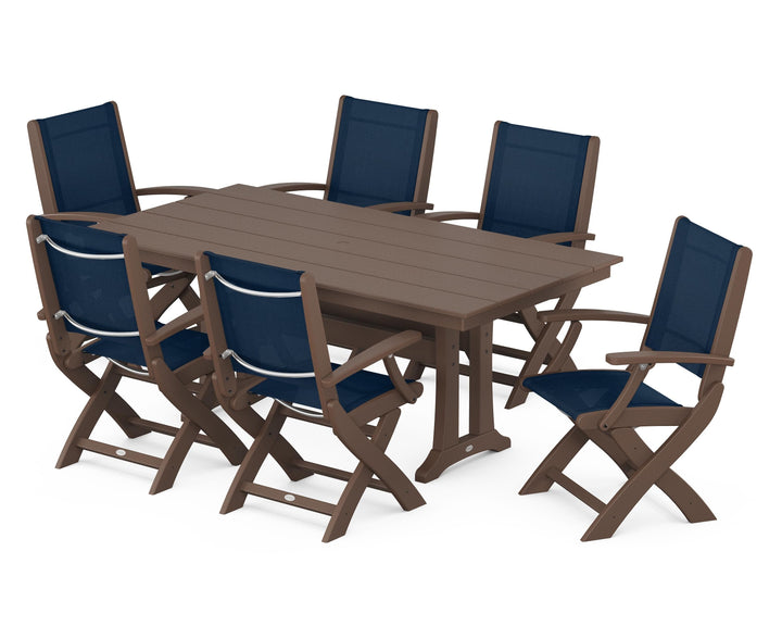 POLYWOOD® Coastal Folding Arm Chair 7-Piece Farmhouse Dining Set with Trestle Legs