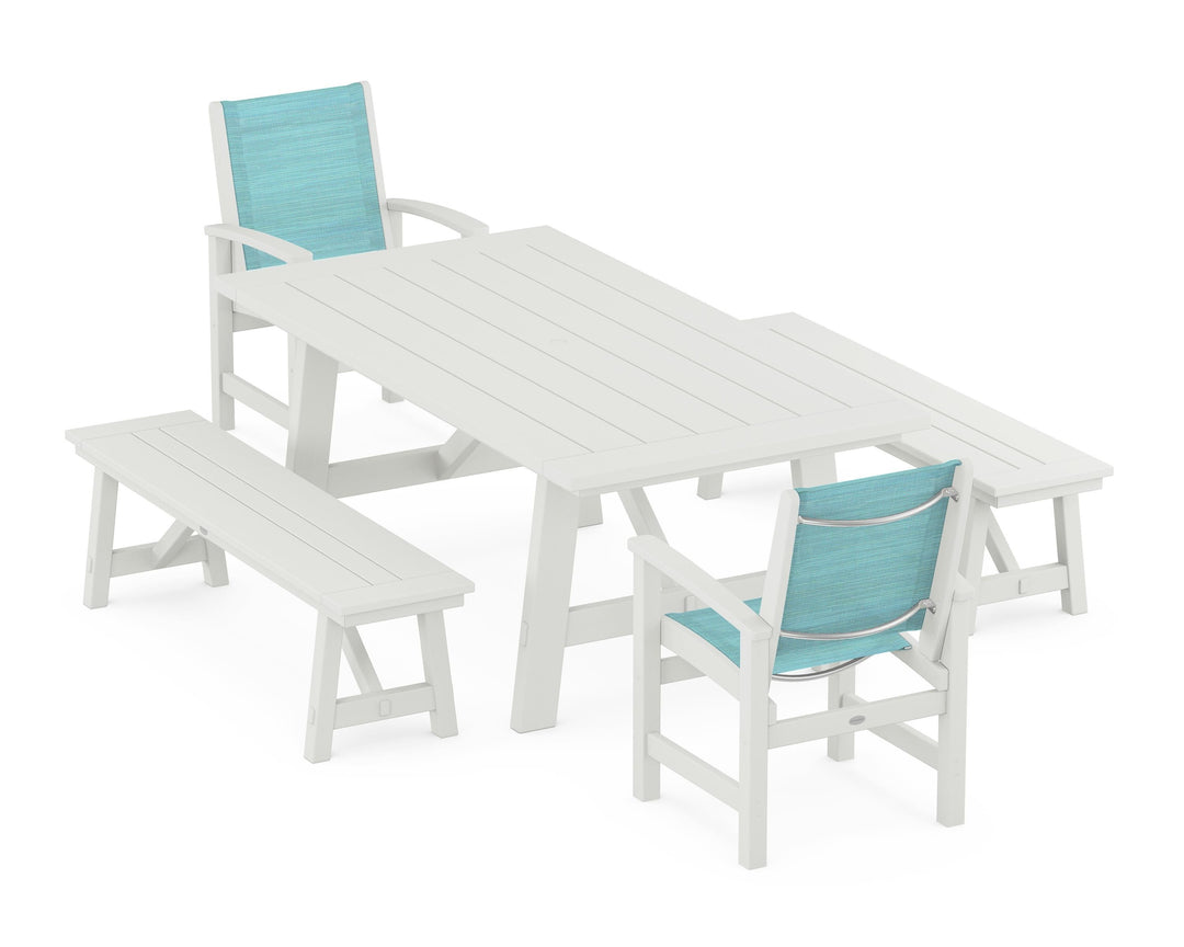 POLYWOOD® Coastal 5-Piece Rustic Farmhouse Dining Set With Benches