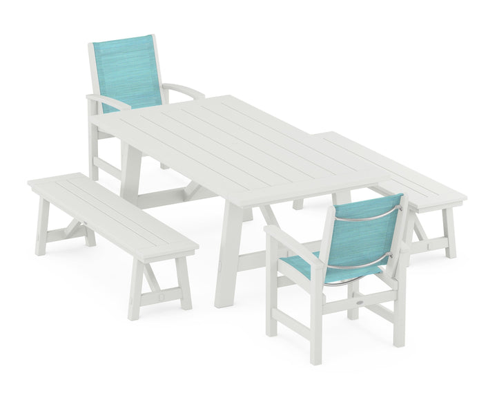 POLYWOOD® Coastal 5-Piece Rustic Farmhouse Dining Set With Benches