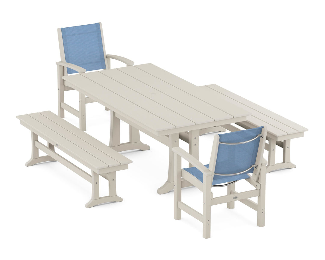 POLYWOOD® Coastal 5-Piece Farmhouse Dining Set with Trestle Legs and Benches