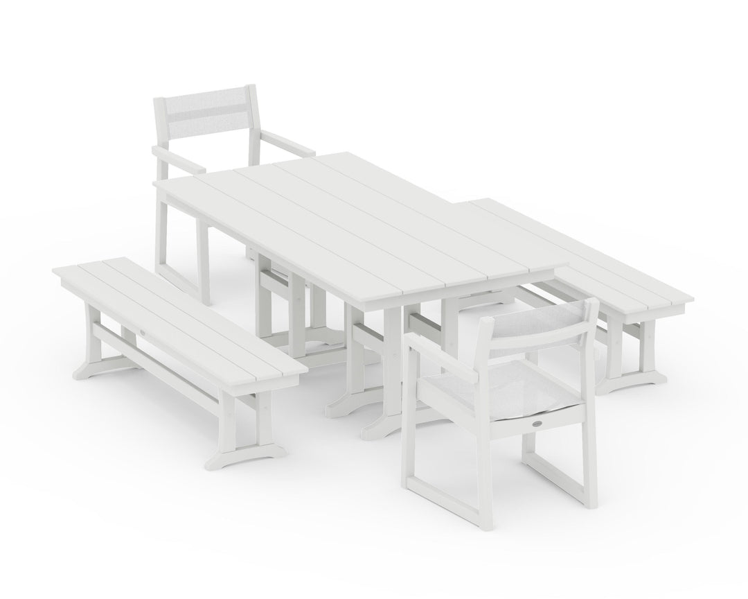 POLYWOOD® EDGE Sling Arm Chair 5-Piece Farmhouse Dining Set with Benches