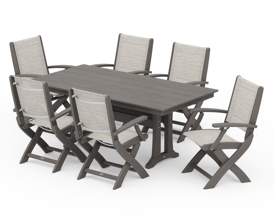 POLYWOOD® Coastal Folding Arm Chair 7-Piece Farmhouse Dining Set with Trestle Legs
