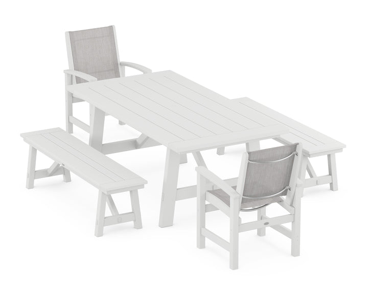 POLYWOOD® Coastal 5-Piece Rustic Farmhouse Dining Set With Benches