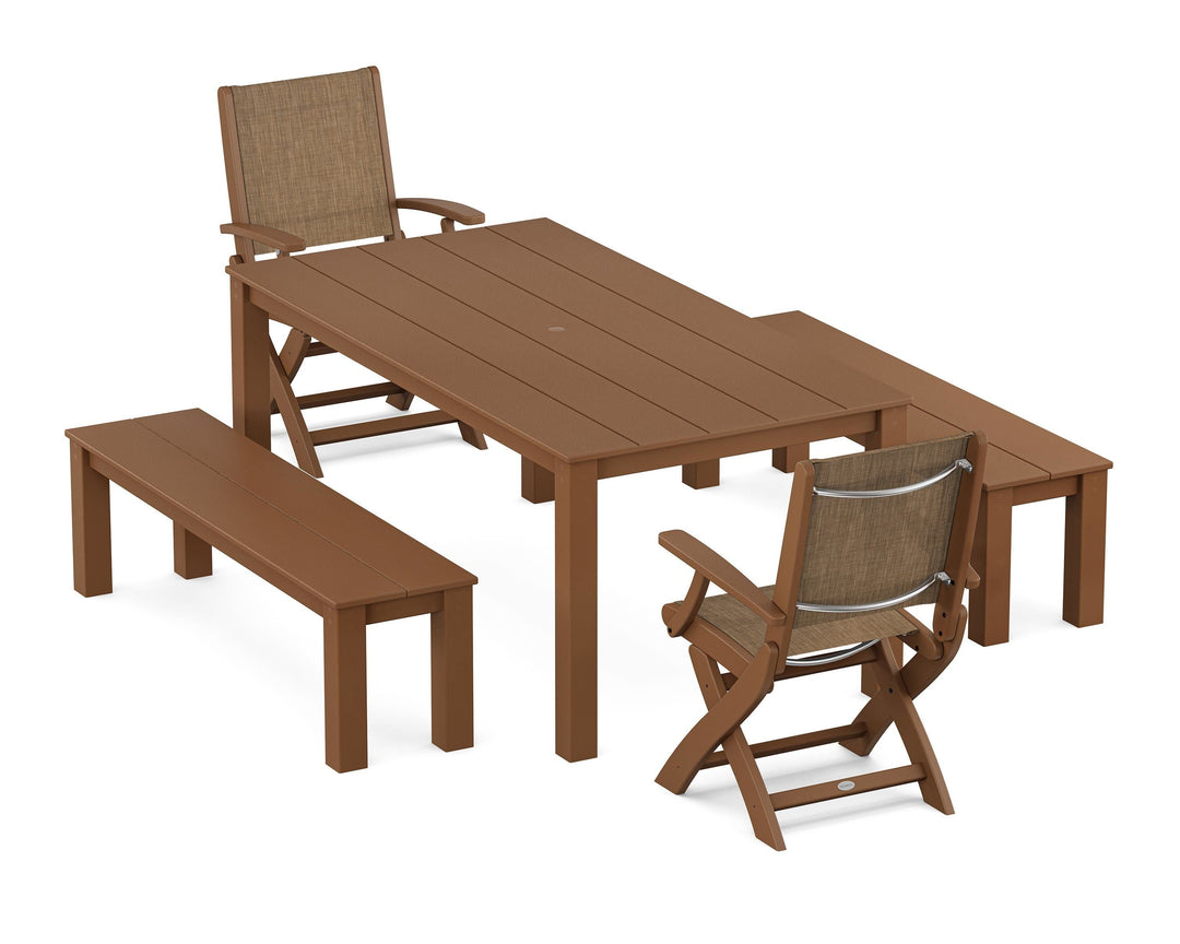 POLYWOOD® Coastal Folding Chair 5-Piece Parsons Dining Set with Benches