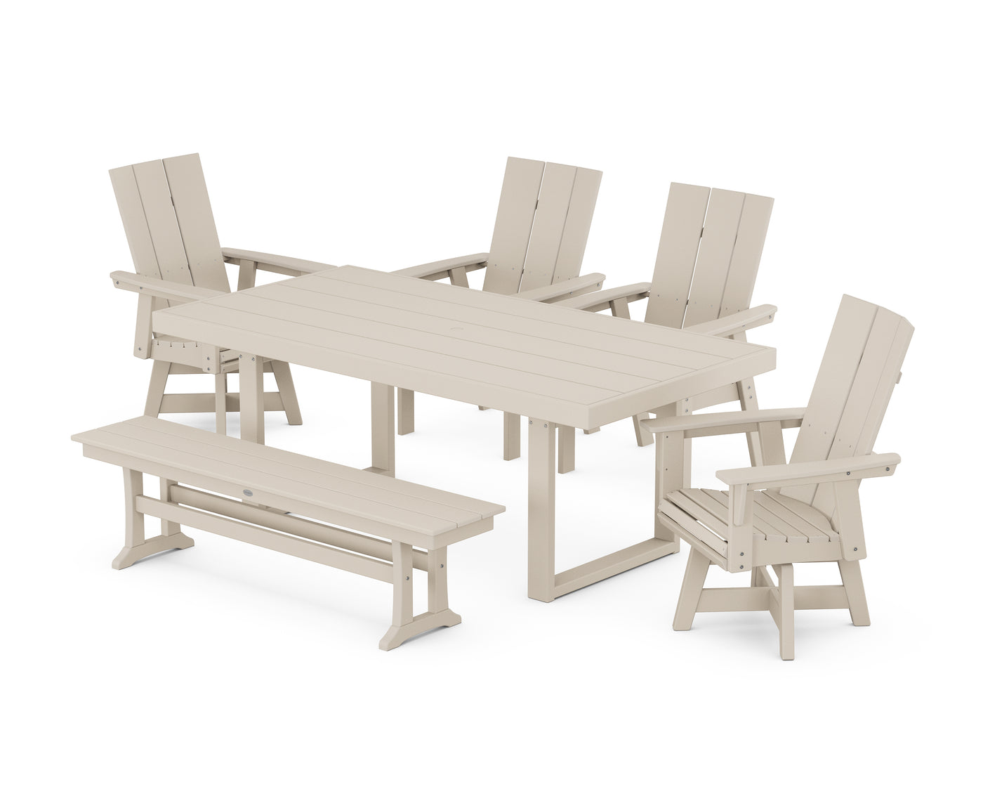 Modern Curveback Adirondack Swivel Chair 6-Piece Dining Set with Bench