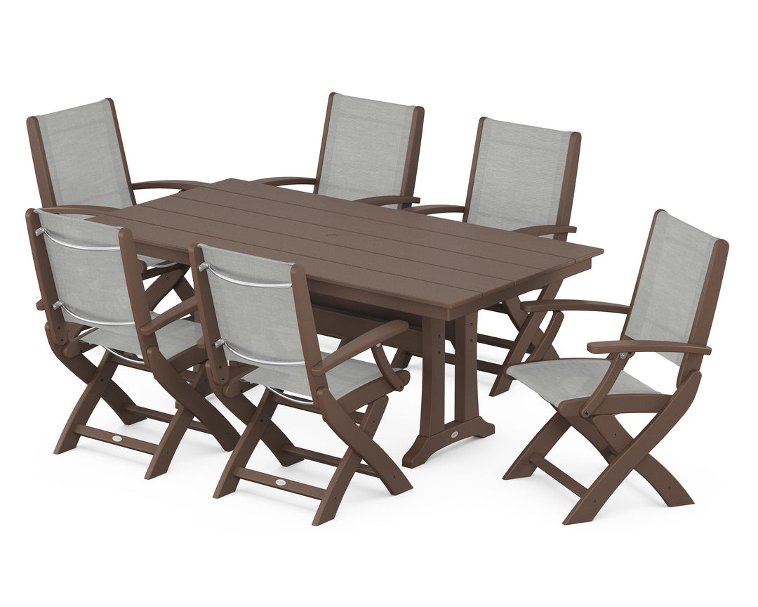 POLYWOOD® Coastal Folding Arm Chair 7-Piece Farmhouse Dining Set with Trestle Legs