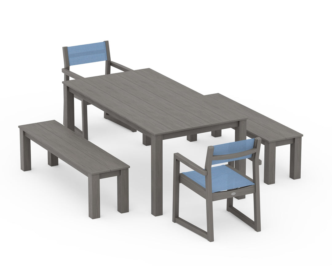 POLYWOOD® EDGE Sling Arm Chair 5-Piece Parsons Dining Set with Benches