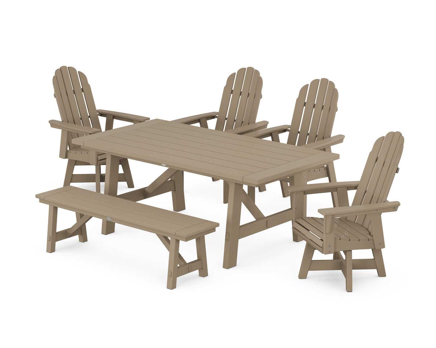 Vineyard Curveback Adirondack Swivel Chair 6-Piece Rustic Farmhouse Dining Set With Bench