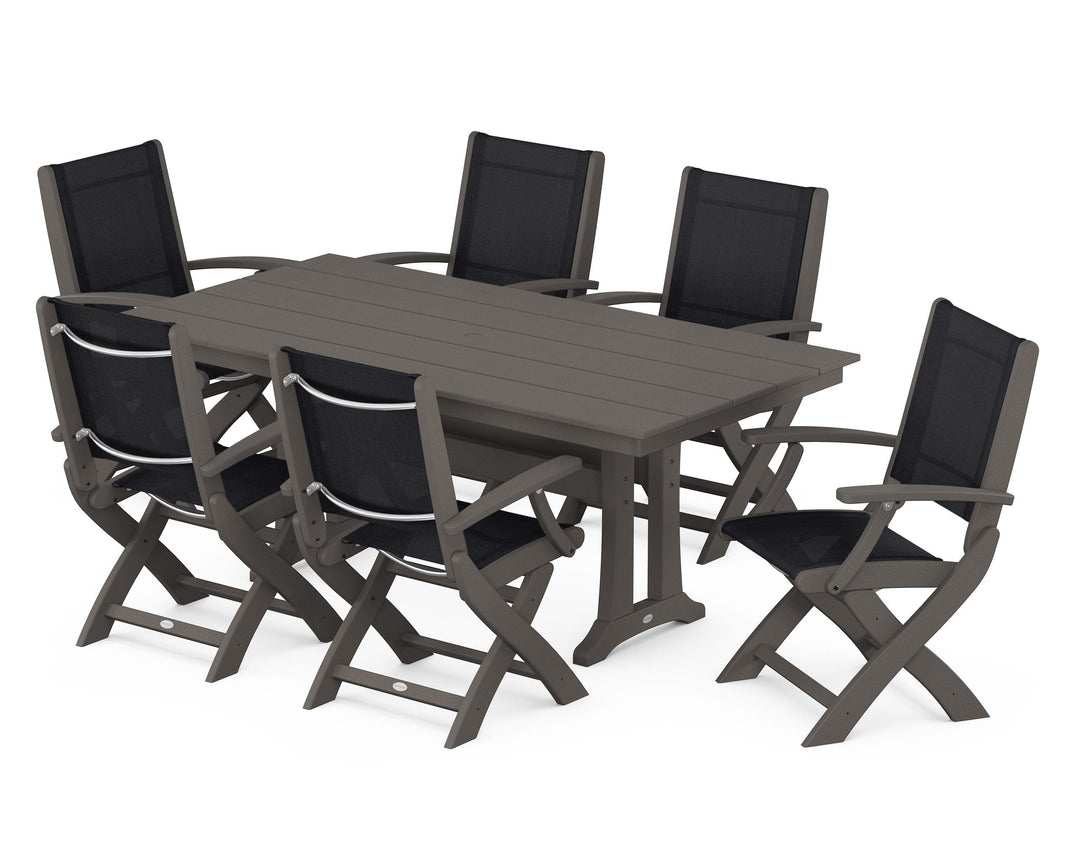 POLYWOOD® Coastal Folding Arm Chair 7-Piece Farmhouse Dining Set with Trestle Legs