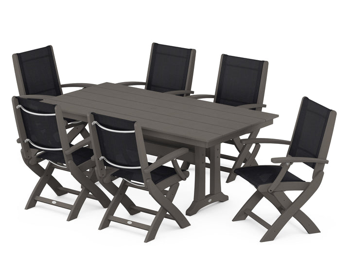 POLYWOOD® Coastal Folding Arm Chair 7-Piece Farmhouse Dining Set with Trestle Legs