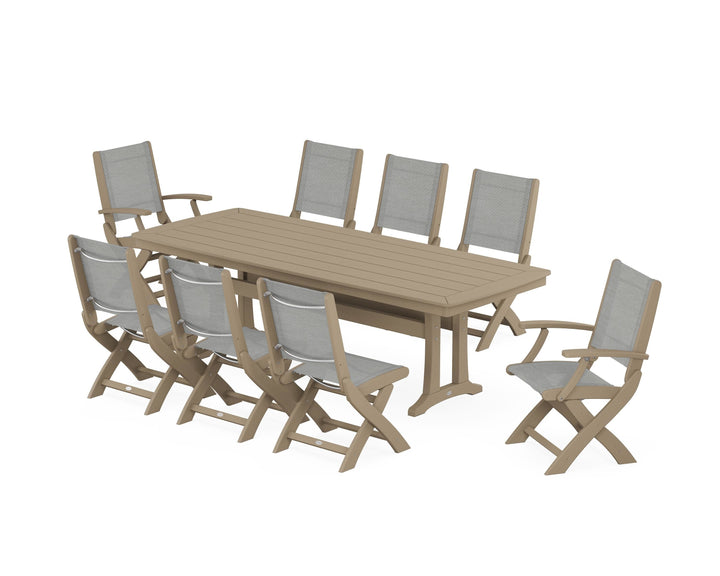 POLYWOOD® Coastal Folding 9-Piece Dining Set with Trestle Legs