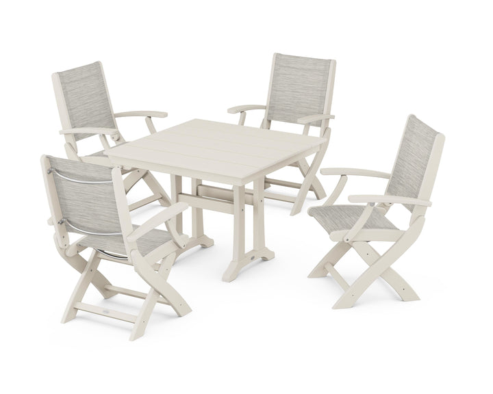 POLYWOOD® Coastal Folding Chair 5-Piece Farmhouse Dining Set With Trestle Legs