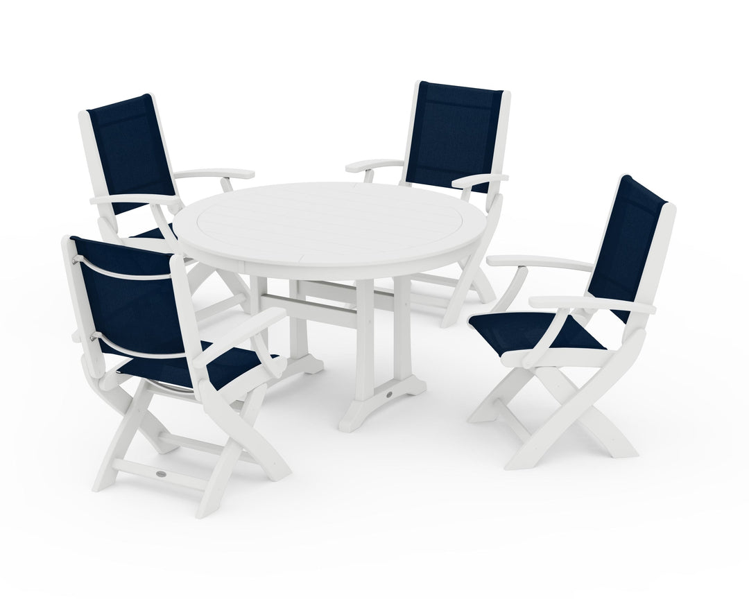 POLYWOOD® Coastal Folding Chair 5-Piece Round Dining Set with Trestle Legs