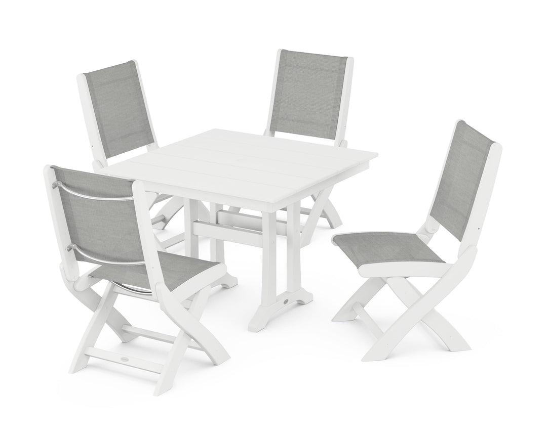 POLYWOOD® Coastal Folding Side Chair 5-Piece Farmhouse Dining Set With Trestle Legs